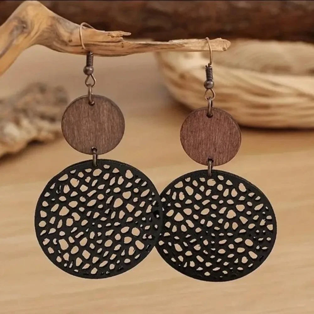 Black Brown Wooden Leather‎ Boho Dangle Drop Earrings Circles Lightweight
